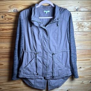 Maurices medium knit sleeve & hood brown jean jacket button zip cinch waist